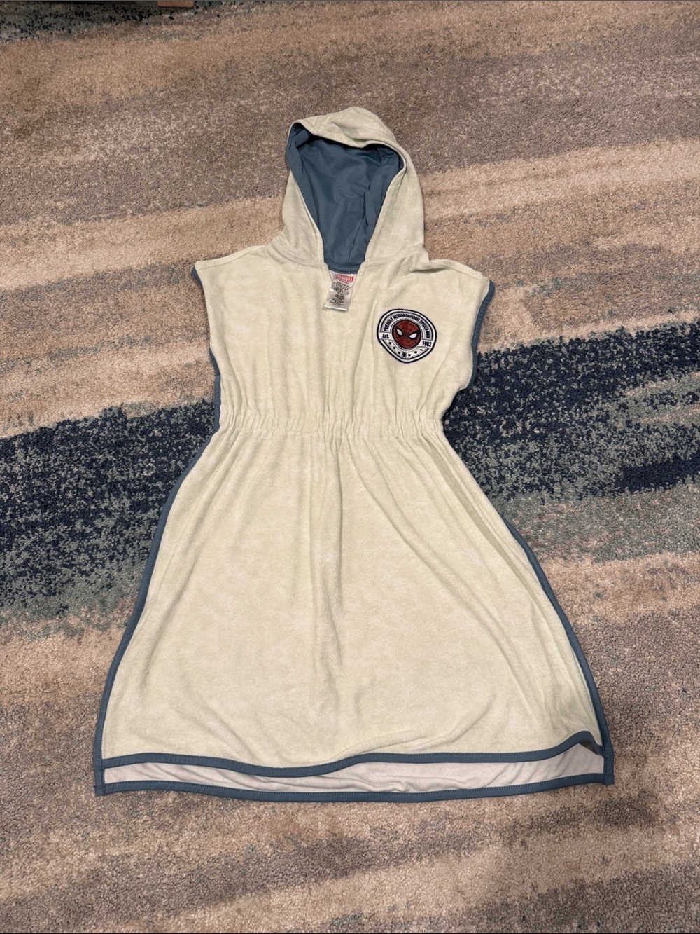 Girls Disney Store spyder man Hooded Terry Beach Dress in Cream with Gray Trim
